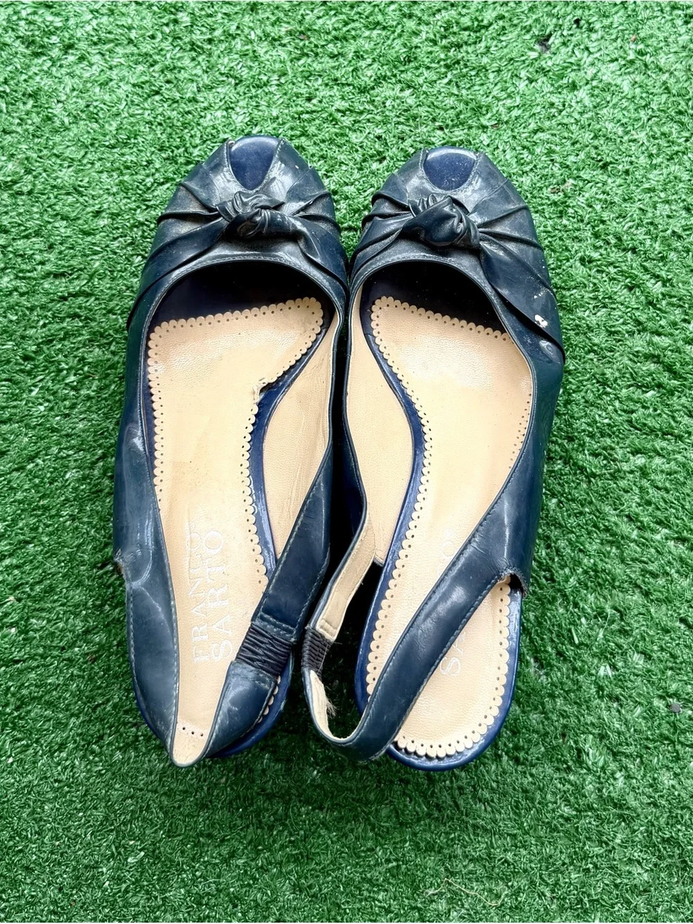 Franco Sarto Navy Blue Patent Peep-Toe Slingback Wedge Heels Women's US 8